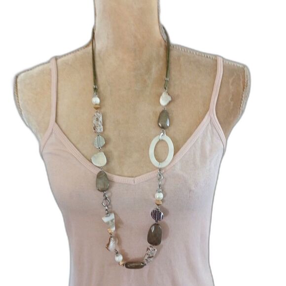 Chico's Natural style boho-chic 34" necklace with faux shell stone-look beads - Picture 1 of 5